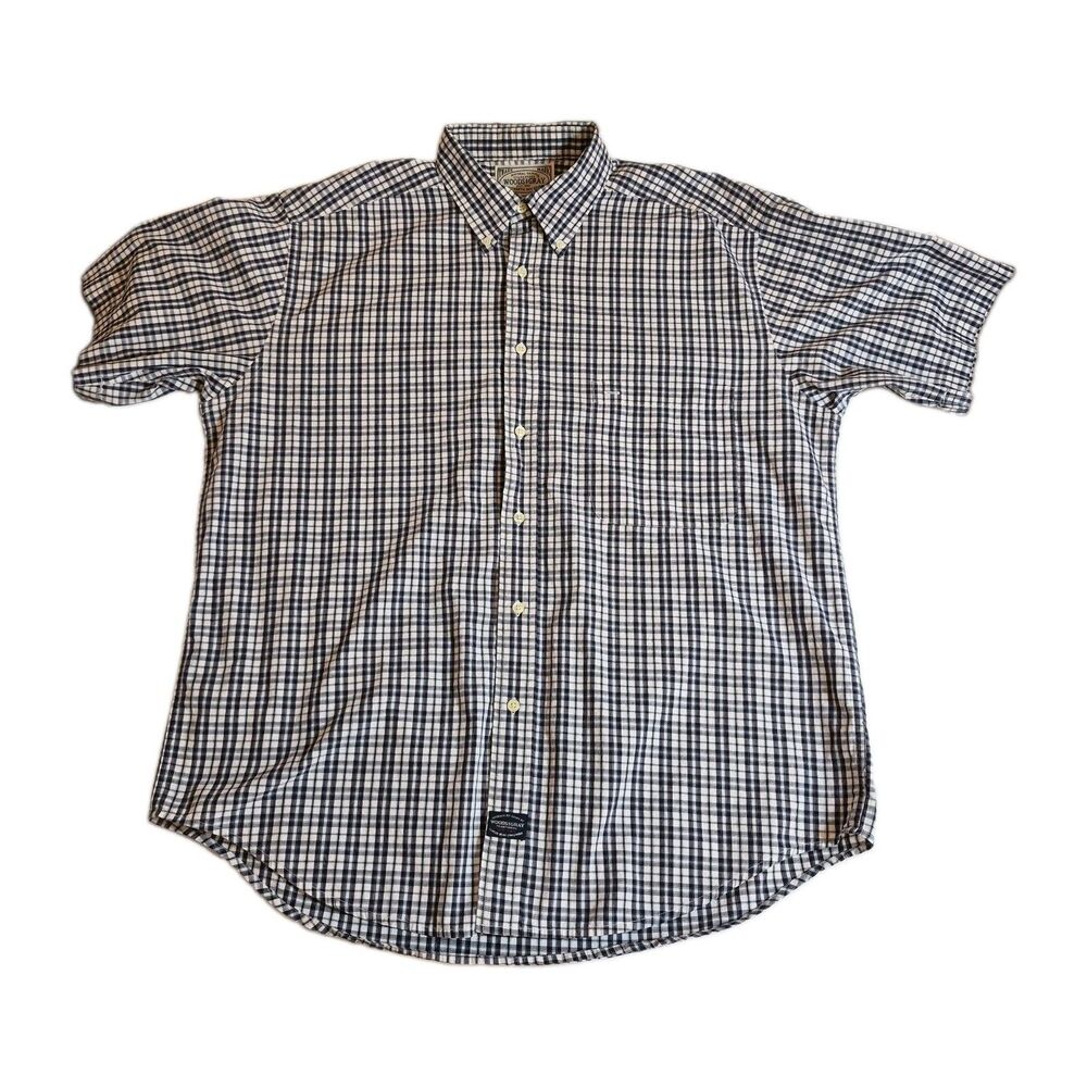Woods & Gray Button Down Shirt Mens L Short Sleeve Blue Check Button Down Logo